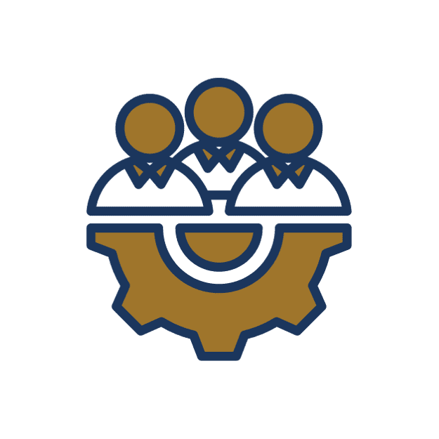 Three figures above a gear symbol.