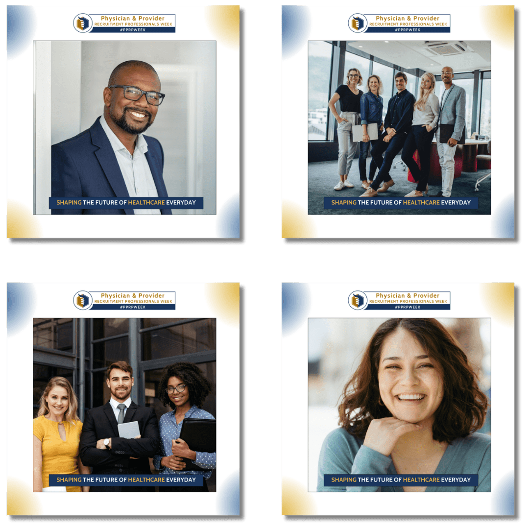 Smiling professionals in healthcare-themed portraits.